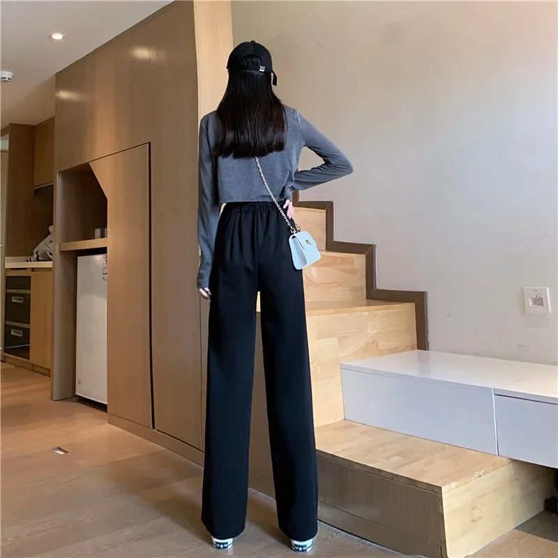 Elegante calça de cintura alta feminina, roupa de rua de pernas largas, solta, reta, casual, moda escritório, elegante, coreano, outono