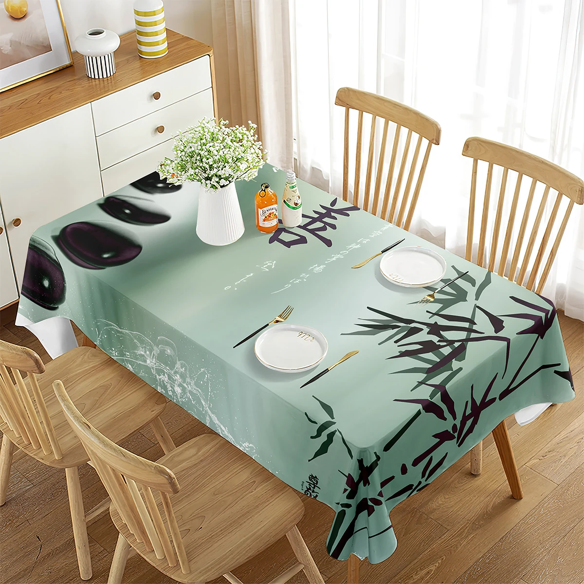 Imagen 4: Mantel rectangular con diseño de plantas y flores Zen, cubierta para mesa de centro, comedor, cocina, sala de estar, decoración para picnic