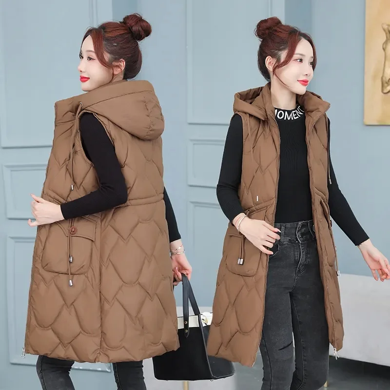 

New Autumn Winter Jacket New Female Mid Long Down Cotton Vest Women Outerwear Loose Large Size Cotton Waistcoat Mujer Coats