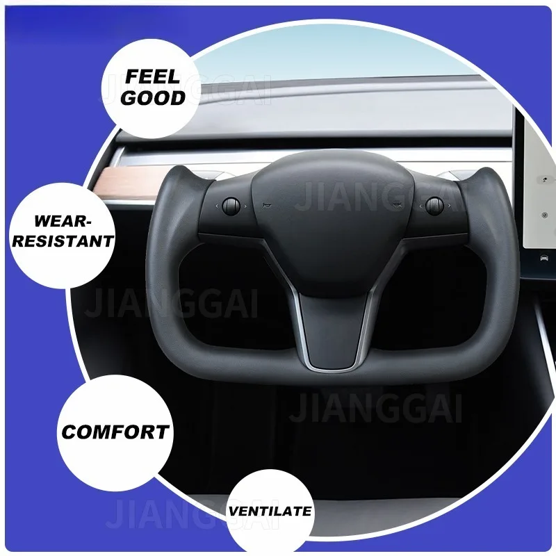 Full Leather Yoke Steering Wheel With Heating Function For Tesla Model 3 2016-2022 Without Carbon Fiber Sides Car Accessories