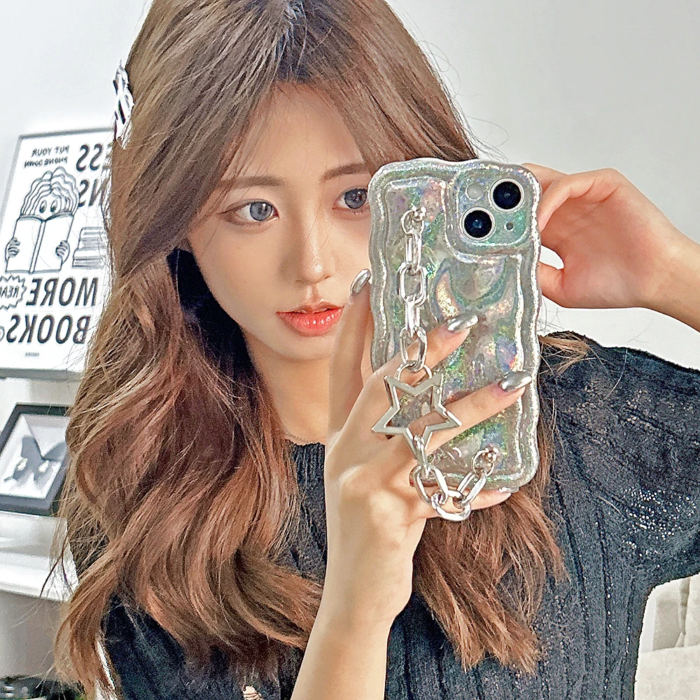 Silver Glitter Metal Star Chain Phone Case Japan INS Korea Plating Lens Protective Back Cover For iPhone 15 14 12 11 13 Pro Max