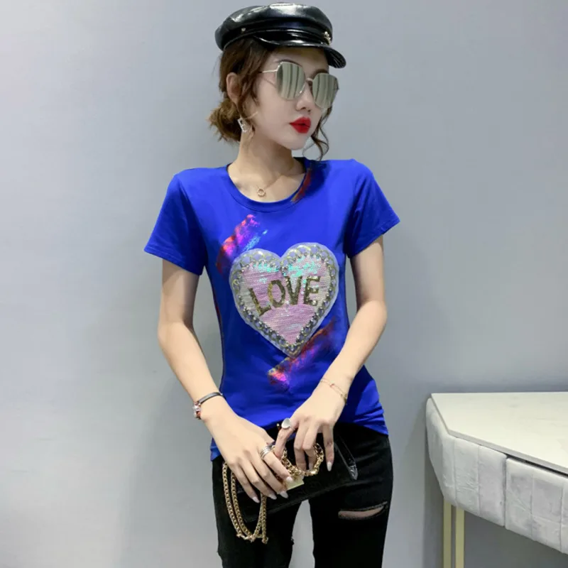 #7102 Blue White Pink Cotton Casual T Shirt With Sequins Slim Streetwear Short Sleeve T-shirt Women Summer T Shirt For Girl