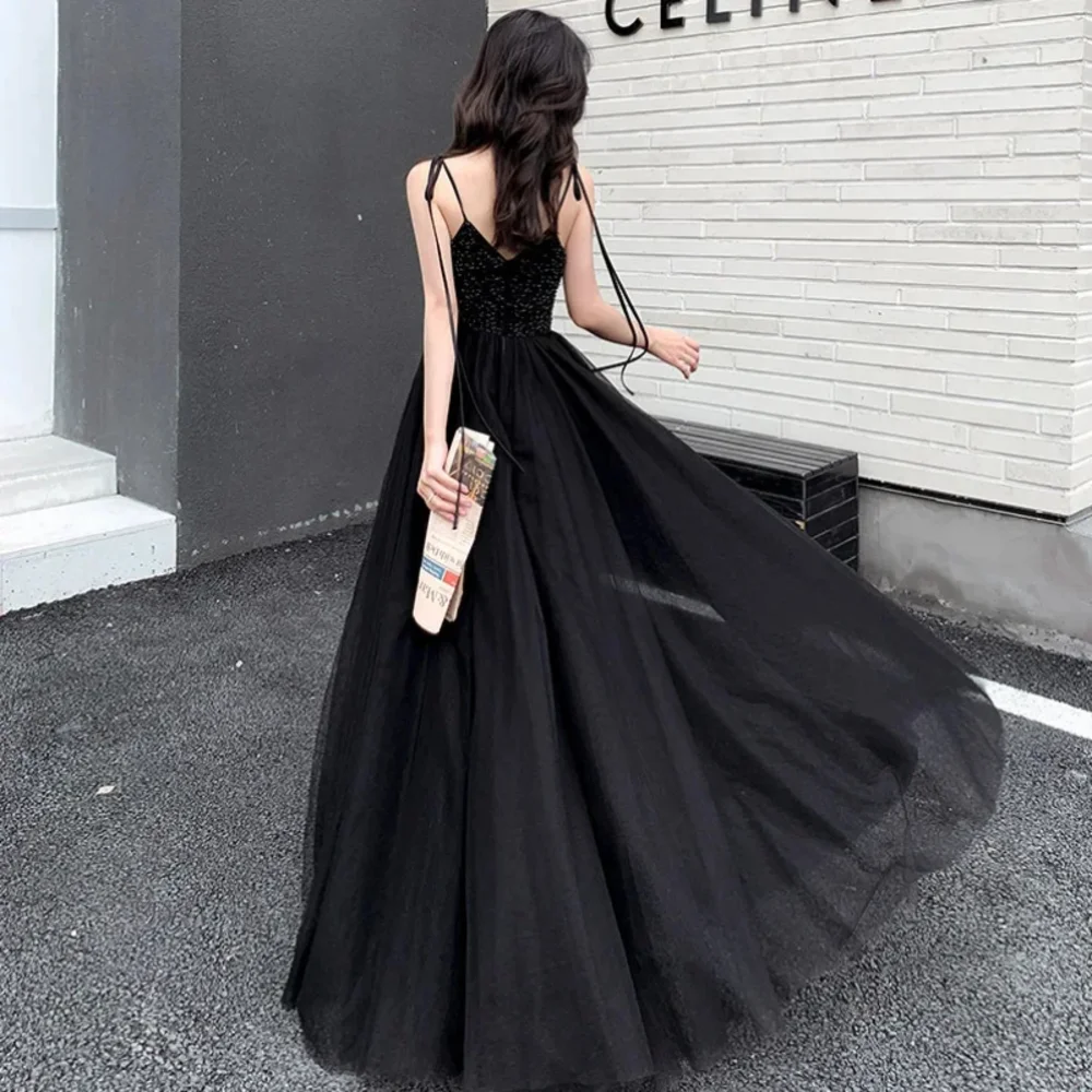 Longo preto cintas de espaguete frisado Tulle Prom Dresses, sem mangas, a linha até o chão, Sexy