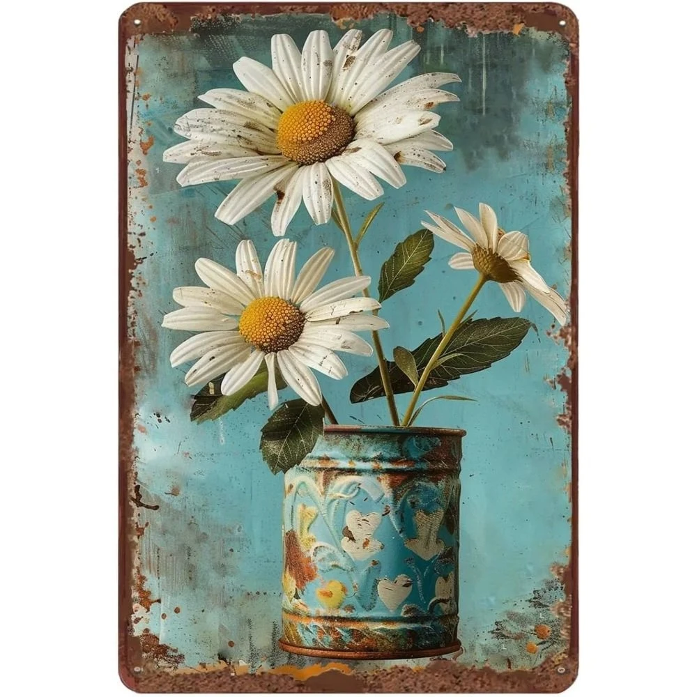Metal Signs White Daisy Flower Vintage Tin Sign for Home Office Kitchen Bar Cafe Garden Farmhouse Wall Decor  Inch