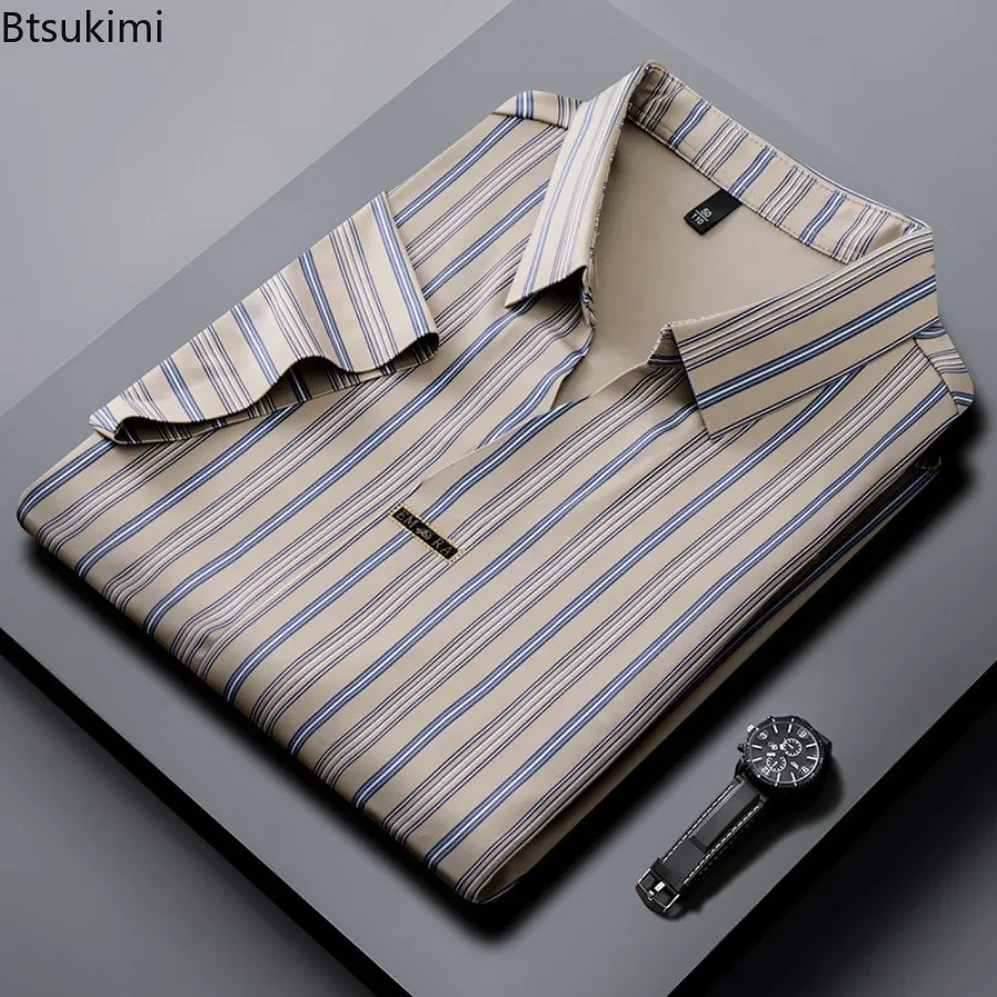 2025 New Men's Short-sleeved Business Casual Striped Shirts Fashion Breathable Lapel Pullover Tops Anti-wrinkle Polo Shirts Male