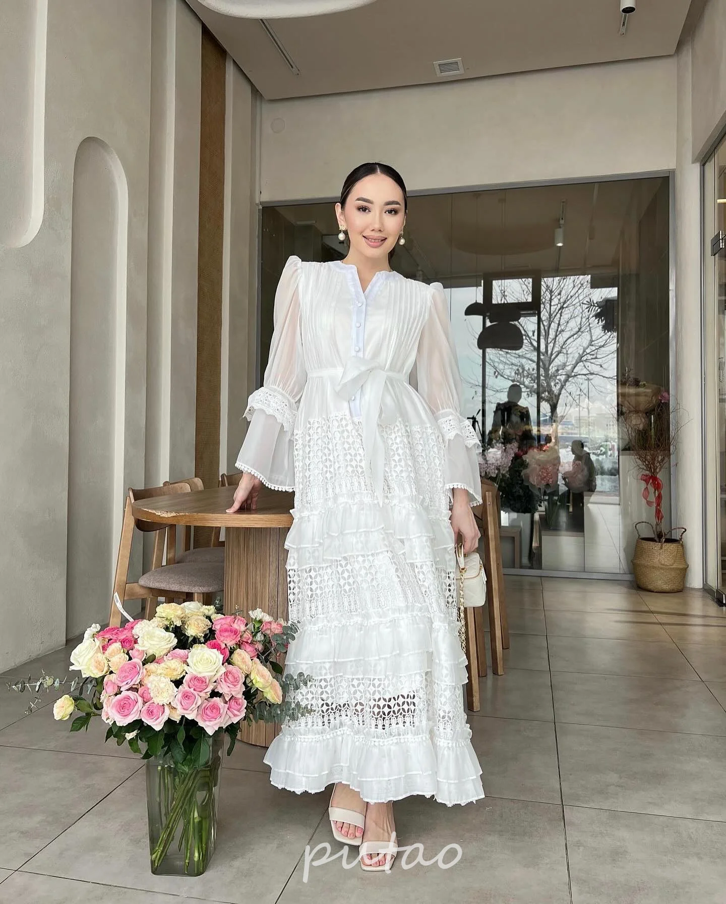 Midi Lace Prom Dress Spring Autumn New Fashion Design Women Runway High Street Hollow Out Flare Sleeve Ruffles Holiday Dress