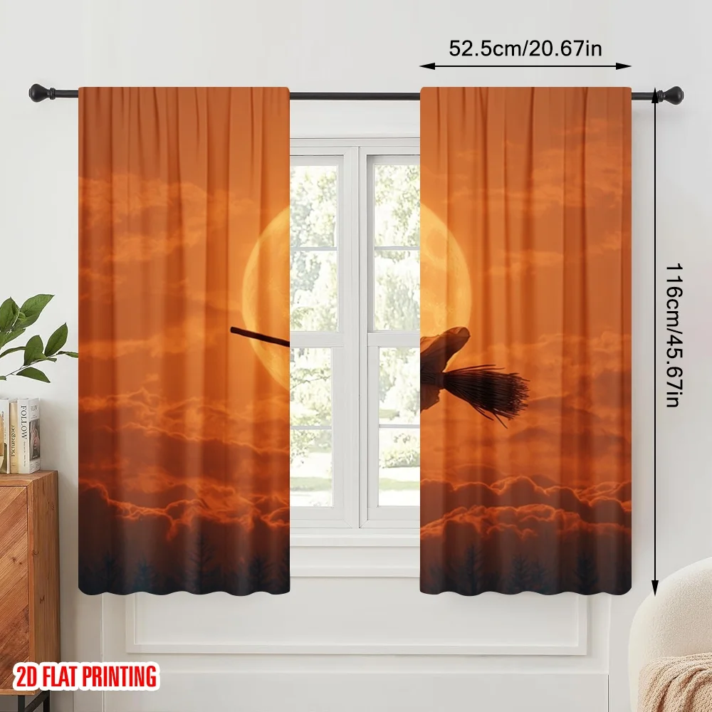2pcs,2D plane printing Contemporary Curtains Halloween Witch Flying on Broomstick Versatile Durable Polyester (without rod) All