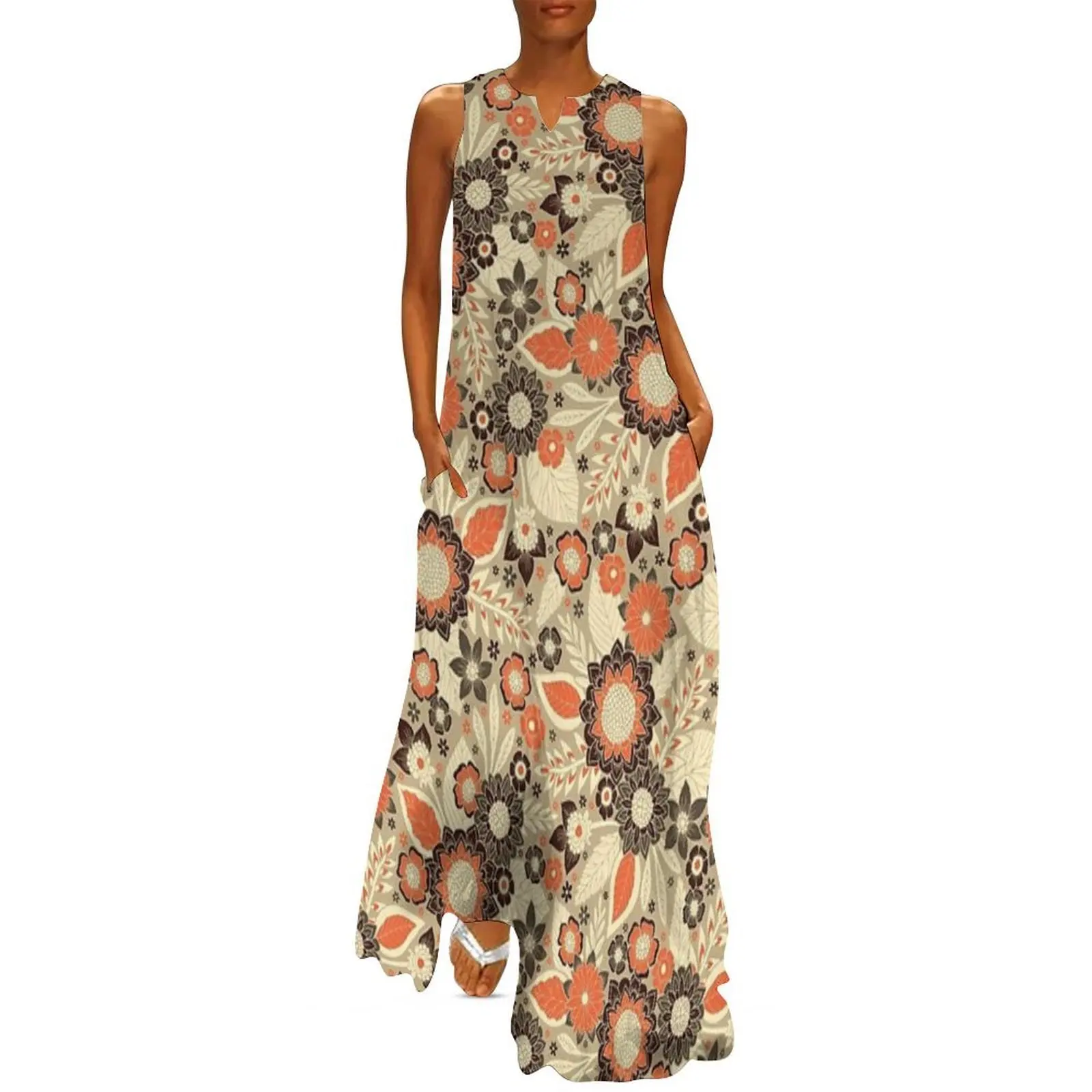 

Retro Orange, Brown & Cream 1970s Floral Pattern Long Dress luxury evening dresses for women 2025 dresses for womens