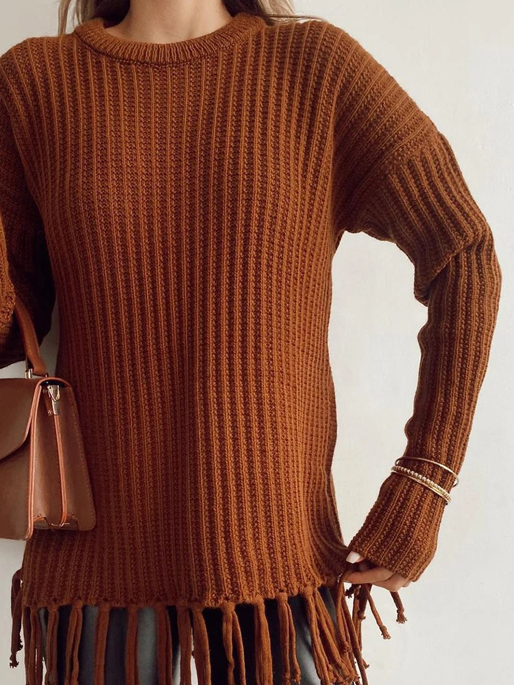 

Autumn Elegant Tassel Splicing Knitted Tops Winter Casual Long Sleeve Solid Color Pullover Women's Fashion Thick O-neck Sweater