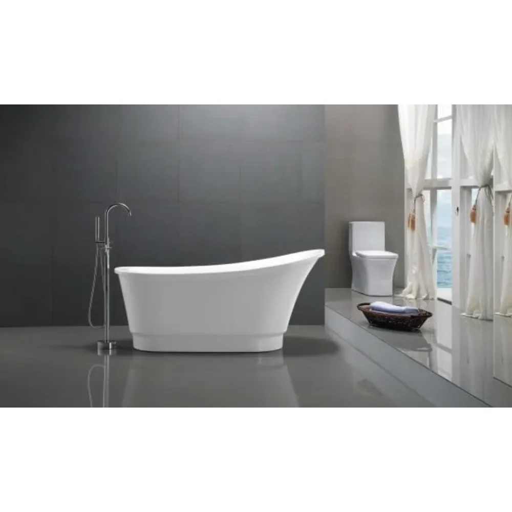 67 Inch Freestanding Bathtub, Smooth White Acrylic, Oval Flat Bottom, Luxurious Soaking Deep Bathroom Circular Upright Bathtub