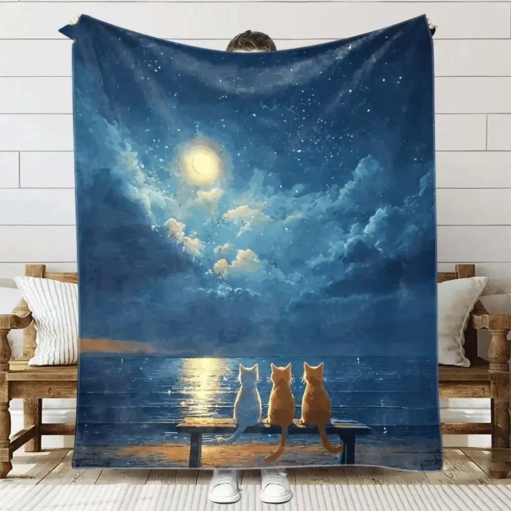 Pattern of three cats in the night sky Flannel printed blanket suitable for all seasons for living room office sofa and travel