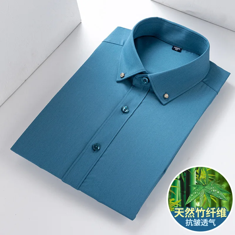 Bamboo Fiber Elastic 6XL Business Longsleeve Shirt for Men Slim Fit Shirt Men Rhinestone Shirt Comfort Soft Work Button Up Shirt