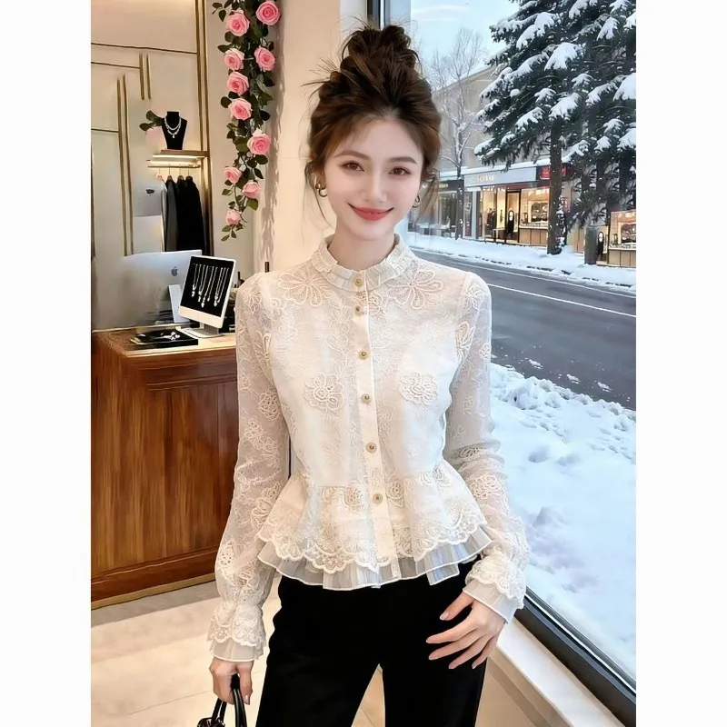 

Lace Embroidered Waist Shirt Women's Thin and Versatile 2026 Spring New Foreign-style Lotus Leaf Edge Splicing Long-sleeved Top