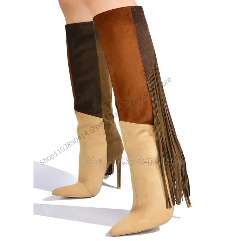 

Mixed Color Tassels Decor Patchwork Pointed Toe Boots Knee High Women Shoes Thin High Heels New Fashion 2023 Zapatos Para Mujere