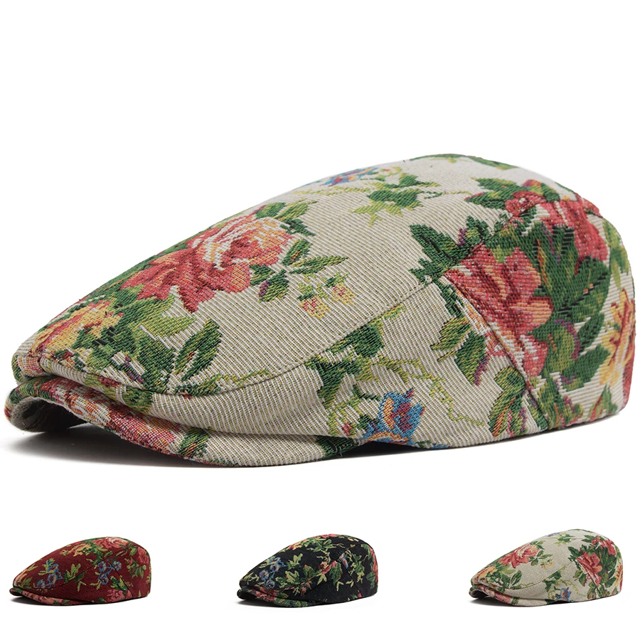 Damen Boho-Baskenmütze mit Blumenmuster, Newsboy-Cap, lässige Vintage-Herren-Visor-Flatcap, Unisex-Baskenmütze für Frühling und Herbst