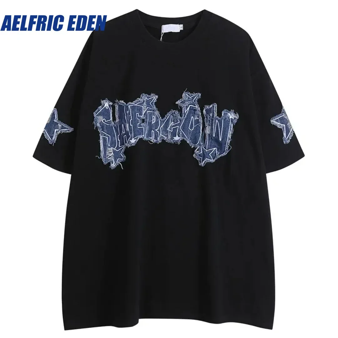 

Aelfric Eden Men Oversized T-Shirt Hip Hop Retro Embroidery Star Patch Short Sleeve Tshirt Y2K Harajuku 2024 Loose Cotton Tee