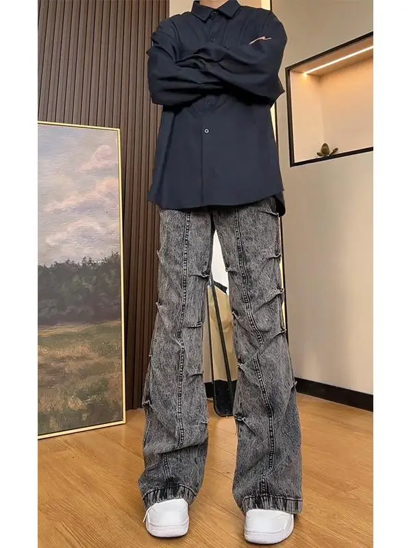 

Retro American Vibe Straight Leg Jeans Autumn Winter Folded Design Sensation Micro Flared Long Trousers Youth Trend