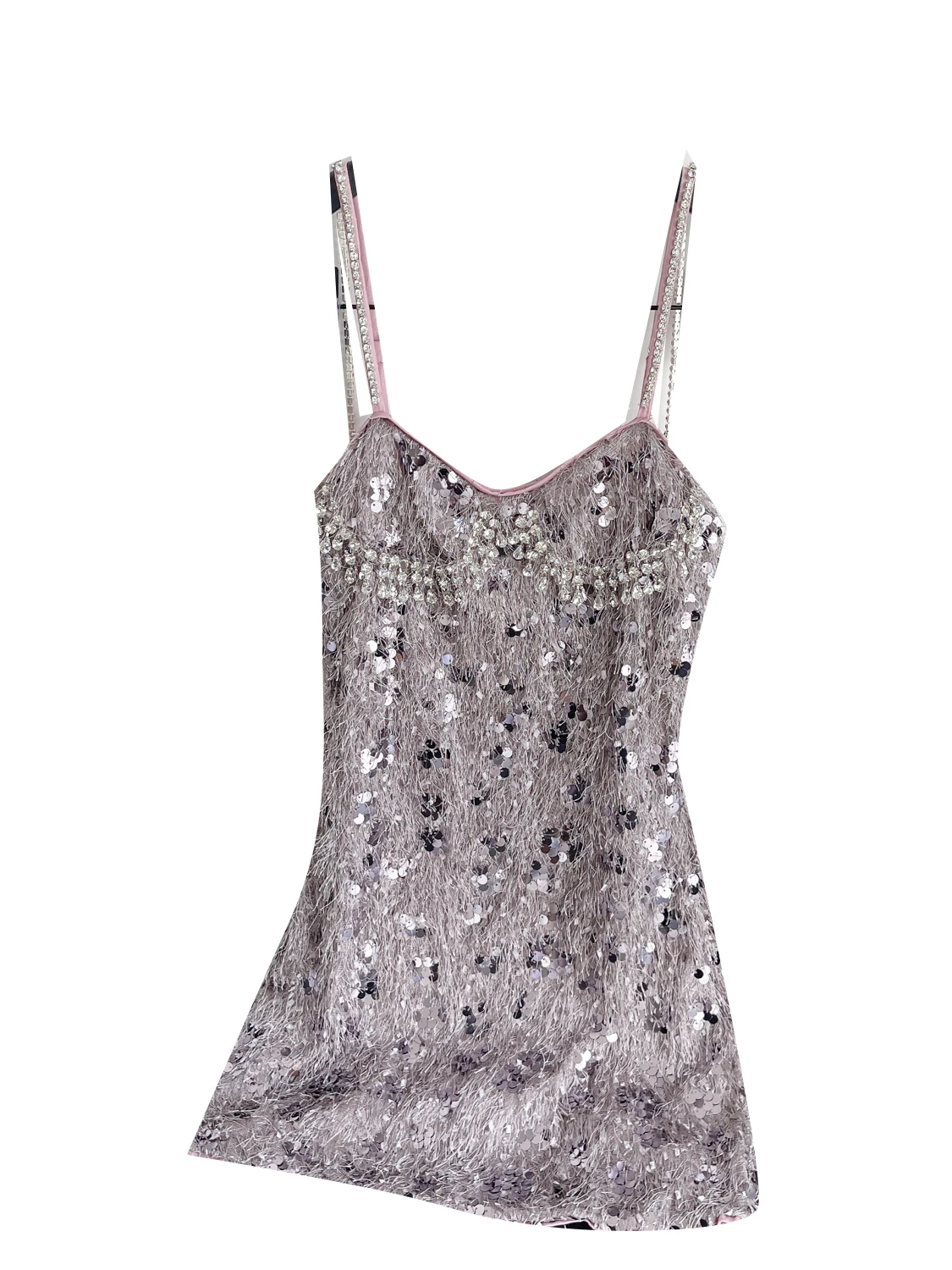 Damska spódnica midi w kształcie litery A z wysokim stanem, zdobiona cekinami, frędzlami i diamentami, model Dr Korean, idealna na lato.