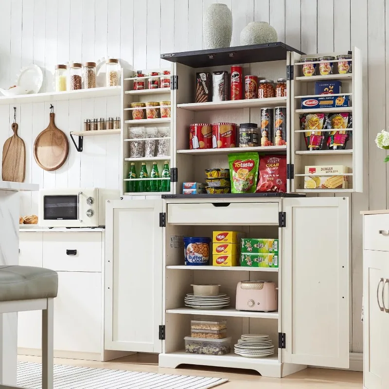 Kitchen Pantry Farmhouse Storage Cabinet with Barn Doors Organizer Drawer and Adjustable Shelves Rustic Wood Cupboard for Dining