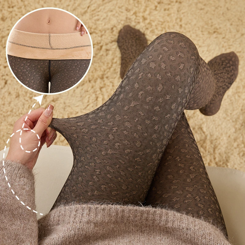 1 Pair Fleece Lined Tights Women Thermal Leggings Sheer Pantyhose Fake Translucent Warm Winter Tight Sexy Leopard Pattern Tights