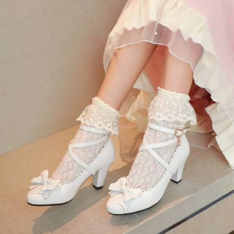 Frühling Frauen High Heels Cross Strap Mary Jane Pumps Party Hochzeit Cosplay Weiß Rot Schwarz String Bead Bogen Prinzessin Lolita Schuhe