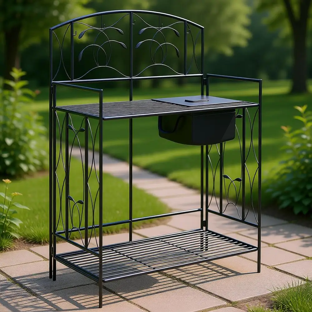 

Металлический садовый стол-верстак со встроенной сумкой, чехлом, крючками и полкой для хранения