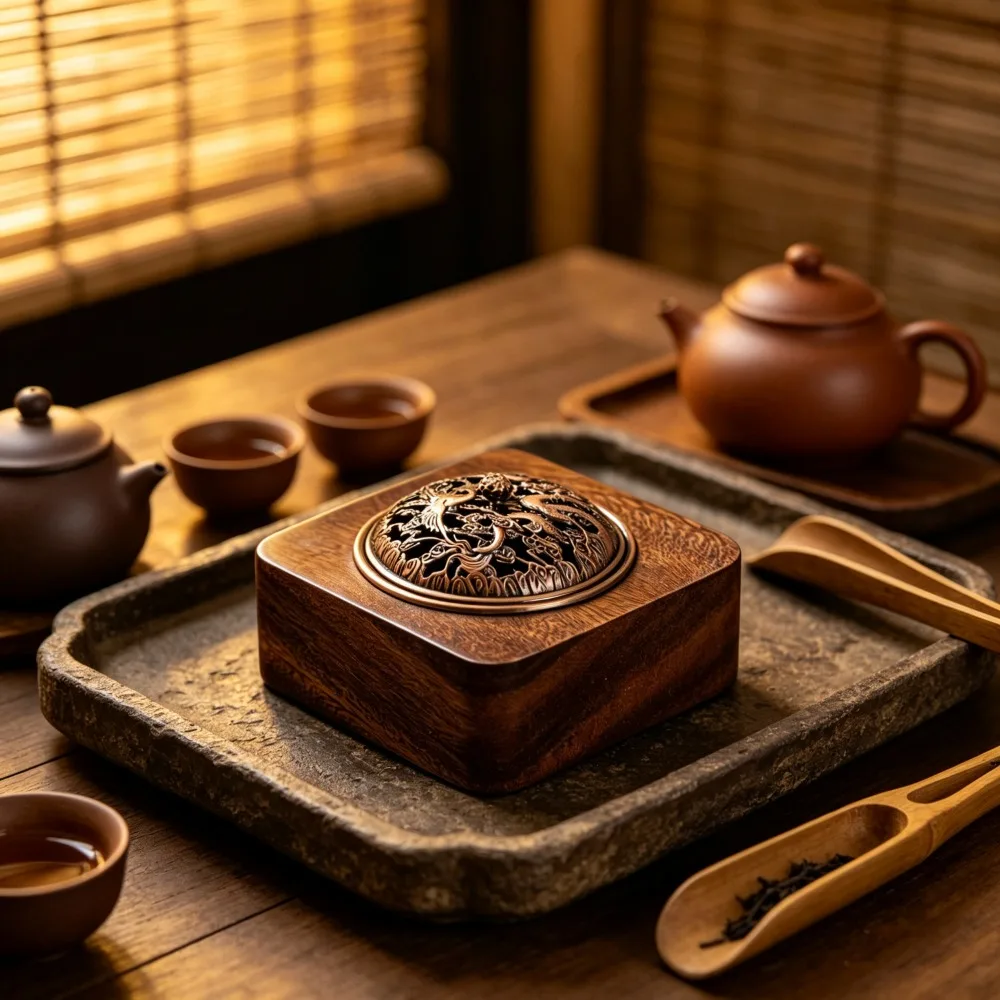 Square Wooden Incense Box Decorative Storage Container with Hollow Lid Retro Chinese Style Home Office Desktop Ornament Gift