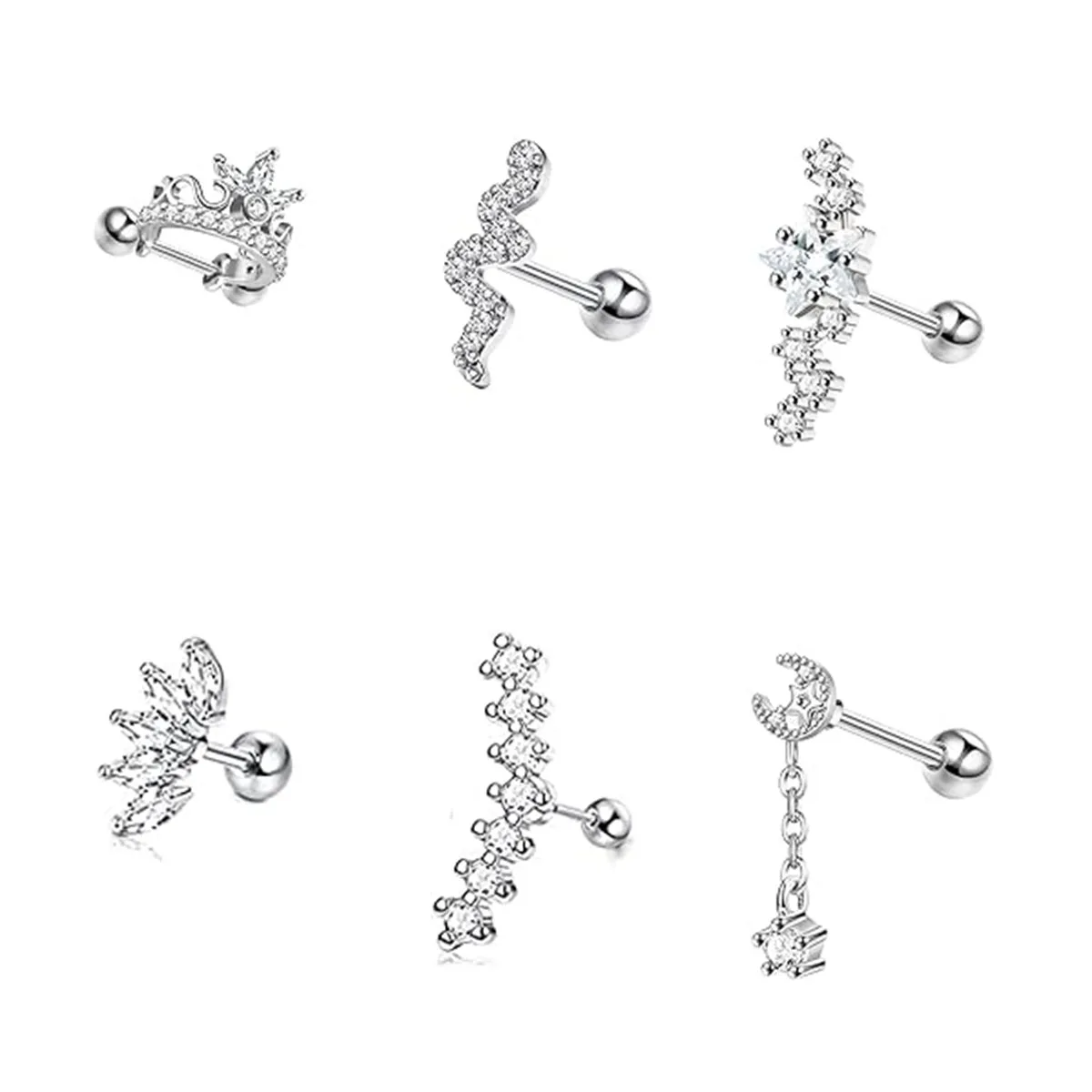 Drperfect-pendientes de acero inoxidable para hombre y mujer, aretes con forma de estrella, Luna, serpiente, cartílago, tornillo trasero, joyería Piercing de hélice