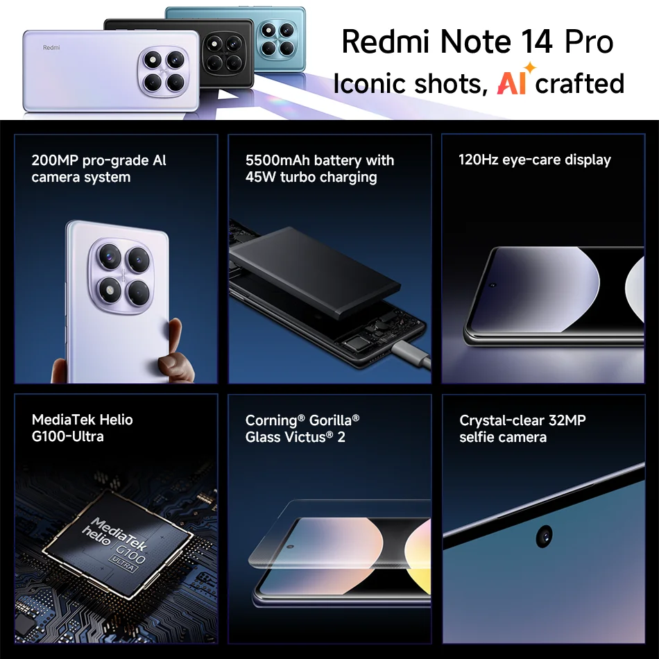 XIAOMI REDMI NOTE 14 PRO 4G GLOBAL VERSION NFC CELLPHONE 6.67 "AMOLED DISPLAY 256GB 512GB MTK HELIO G100-ULTRA 200MP AI CAMERA