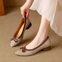 Nuove scarpe papillon in vera pelle per le donne Nude scava fuori pompe traspiranti Beige scarpe da donna Vintage con tacco basso scarpe di lusso