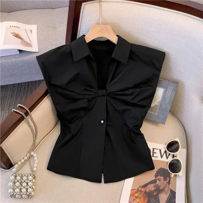 Camises De Mujer 2024 White Blouses for Women\'s Sleeveless Tunic V-neck Bow Crop Tops Korean Temperament Summer Blouse Shirts