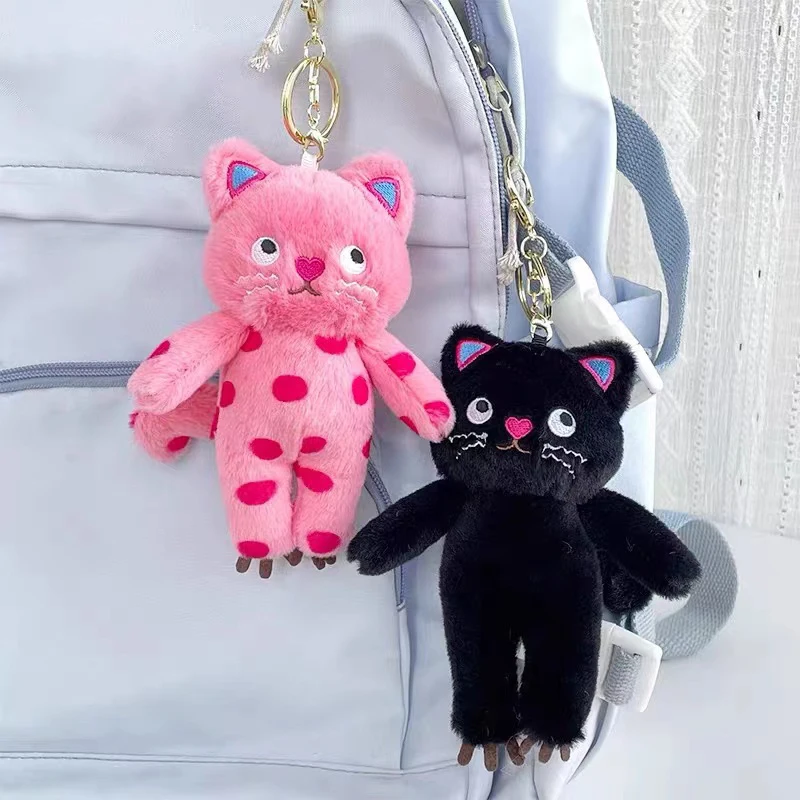 Pink Polka Dots Cat Plush Toy Cartoon Speechless Cat Pendant Soft Stuffed Doll Keychain Car Key Ring Backpack Bag Decor