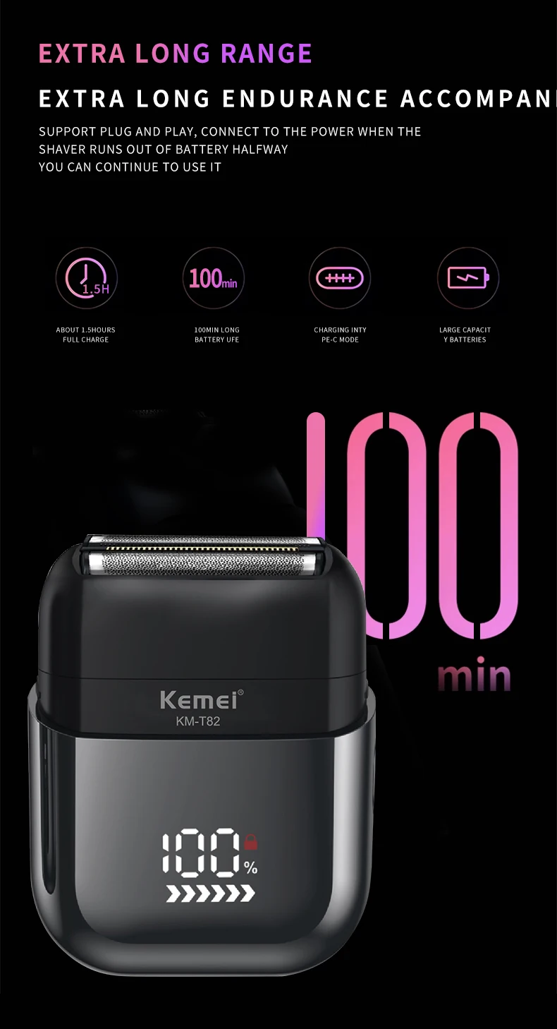 Kemei T82 Professioneller wasserdichter Elektrorasierer, wiederaufladbare Rasiermaschine für Männer, Digitalanzeige, Bartschneider, Mini-Rasierer – Detail 8