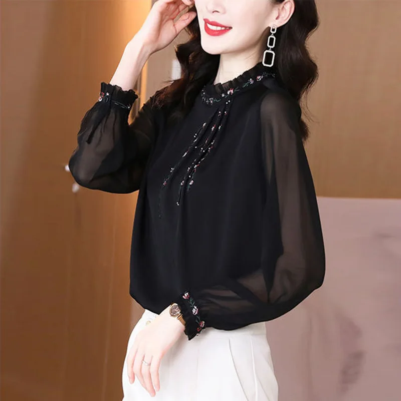 Elegante Effen Kleur Losse Ruches Borduren Blouse 2022 Herfst Nieuwe Casual Tops Oversized Alle-Match Pendelen Vrouwen Shirt