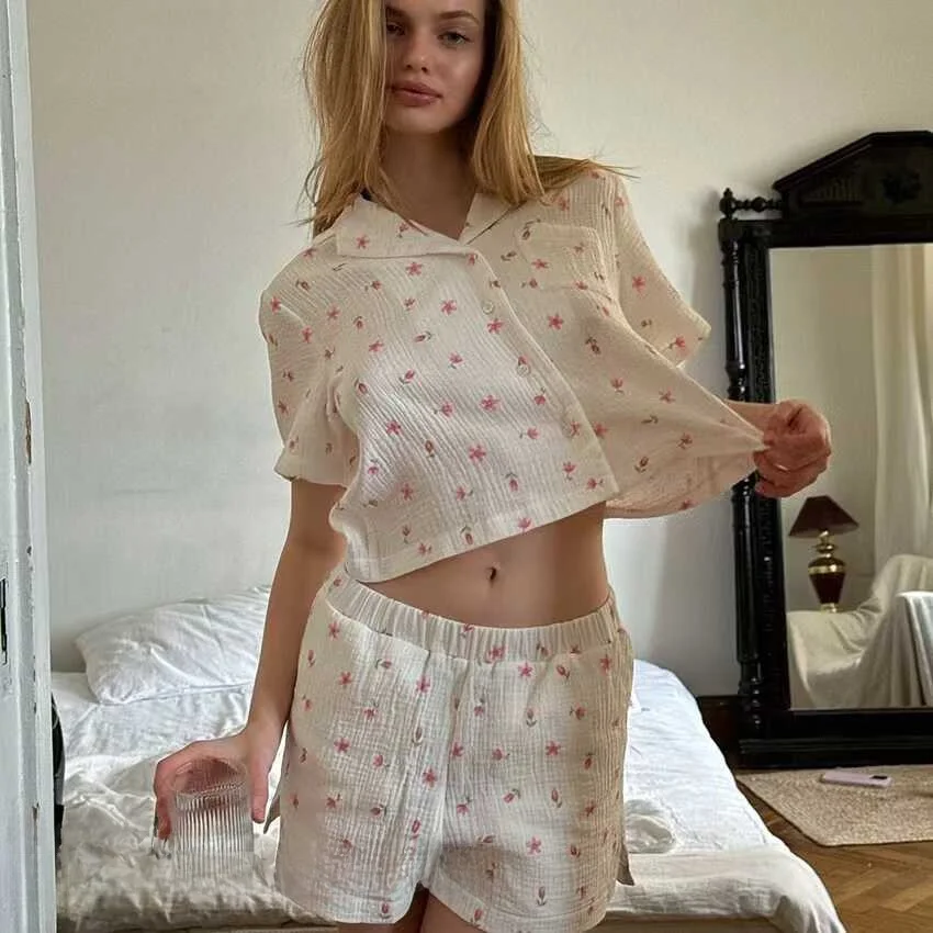 

Летний комплект ort Sve Top And orts с цветочным принтом, домашняя одежда, молодежный размер, эластичный пояс, обычный тонкий