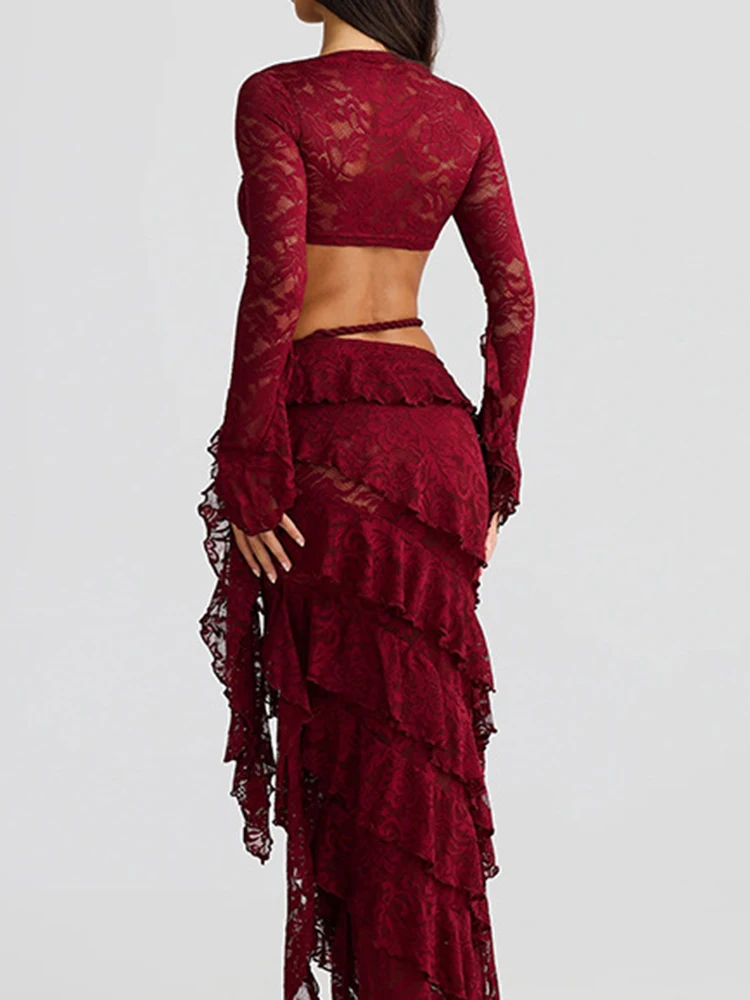 

Женский комплект из укороченного топа с длинным рукавом и юбки-полусолнце, весна-лето, новинка, для отпуска, модный, с кружевной вышивкой, однотонный наряд