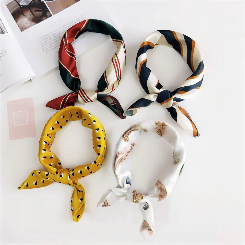 50cm Square Satin Silk Scarf Women Fashion Neck Scarfs Headband Retro Elegant Floral Dot Spring Summer Neckerchief Hand Kerchief