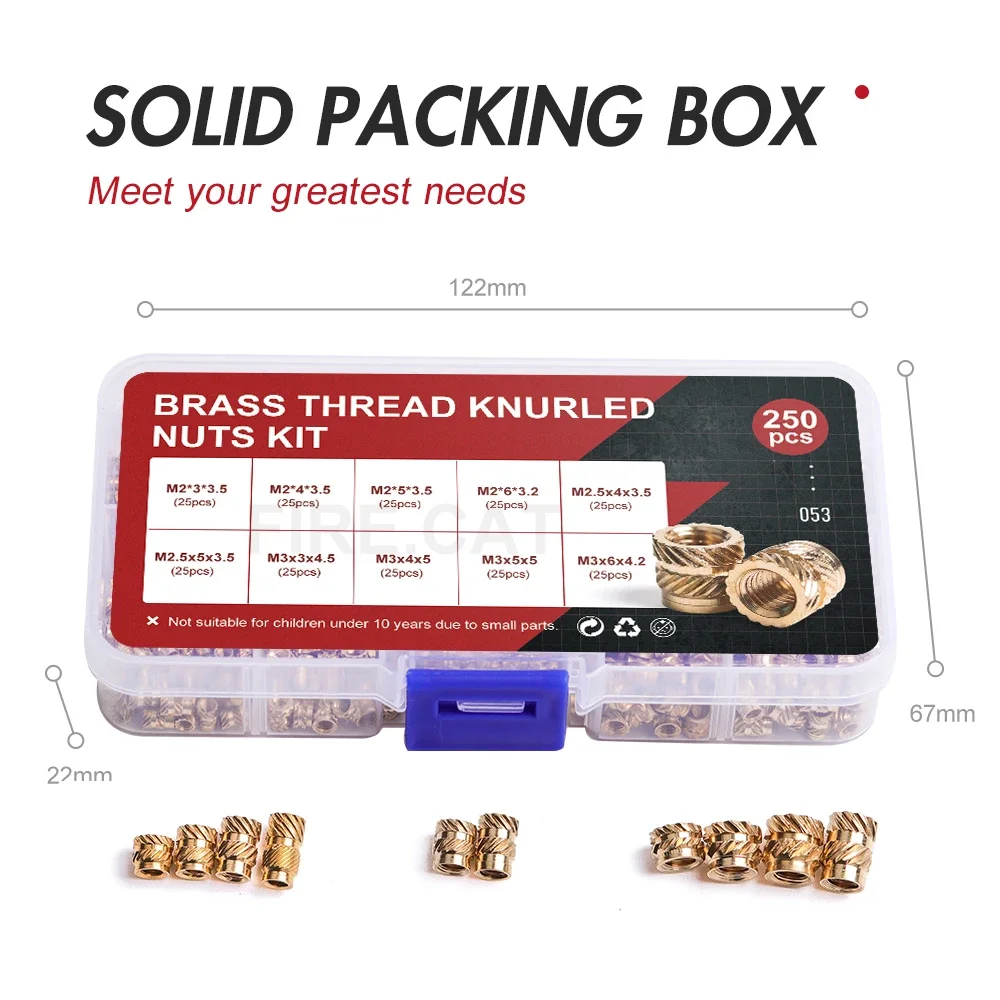 Female Brass Insert Nuts Assortment Kit M2 M2.5 M3 M4 M5 M6 Threaded Embedment Thread Knurled Nut Injection Inserts 150/1000pcs