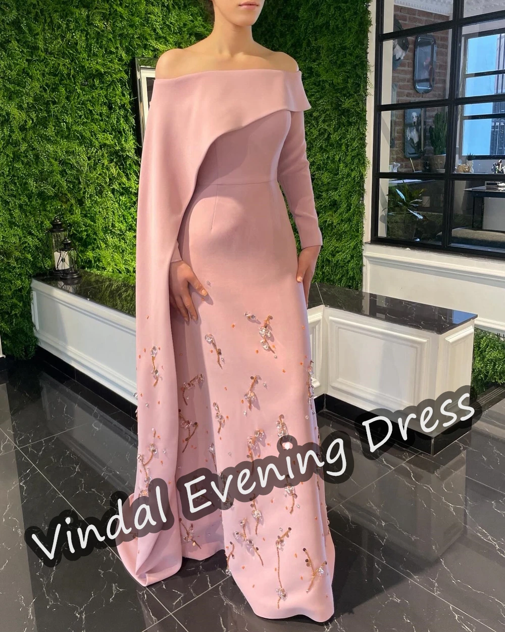 Vindal Off-the-shoulder Evening Dress Floor Length A-Line Elegant Built-in Bra Crepe Saudi Arabia Short Sleeves For Woman 2024