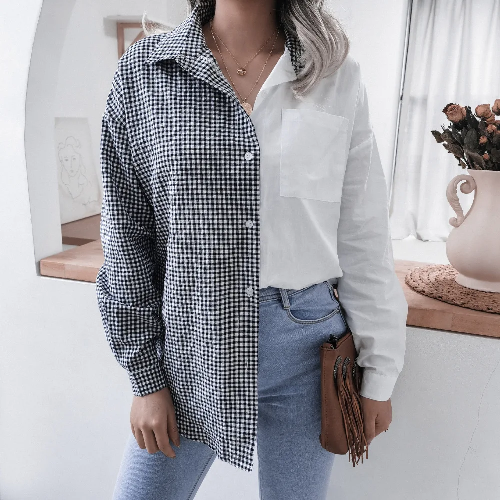 

Casual Lapel Button Pocket Colorblock Long Sleeve Women's Shirt Top, Stylish Ladies' Blouse for Everyday Wear, Comfortable and T