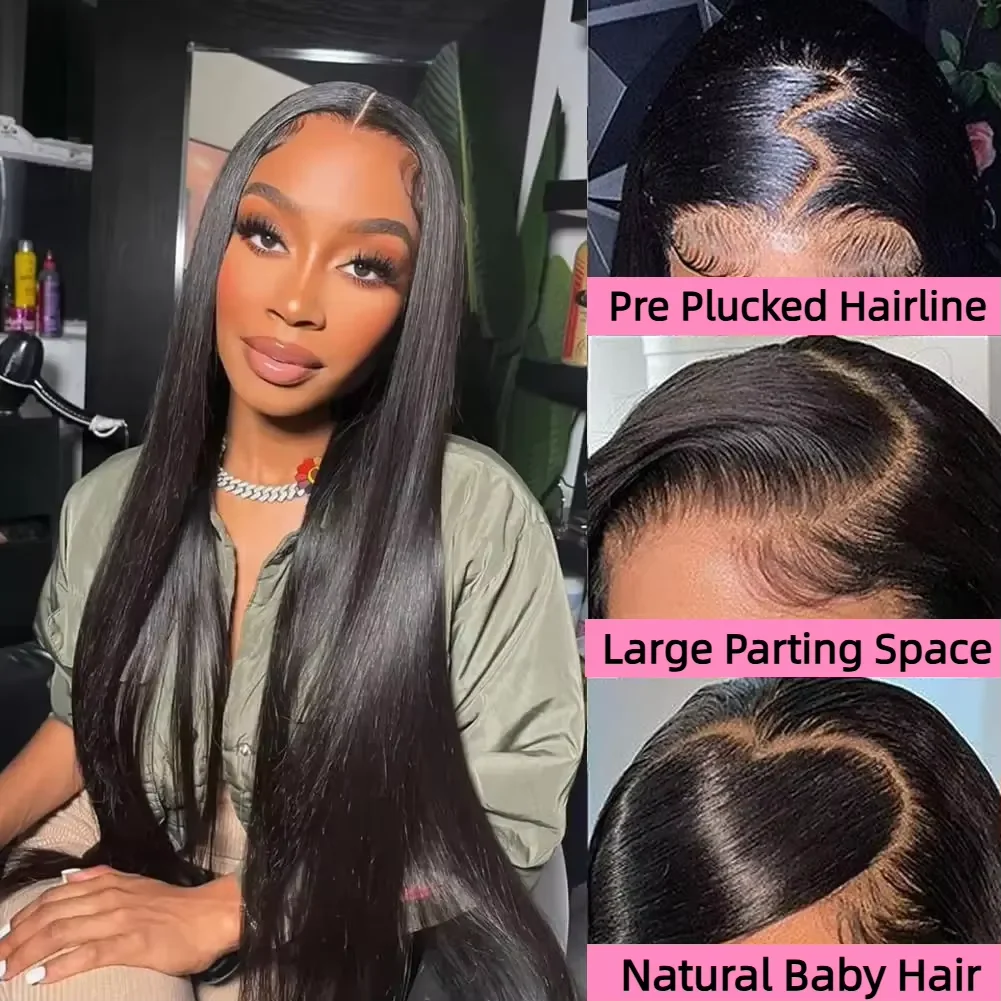 Black Natural Color 1B 40 Inches Long-length 200% High Density 360 5x5 13x6 13x4 HD Transparent Lace Frontal Wig Human Hair Wigs Bone Straight Pre Plucked For Women Brazilian Hair image 5