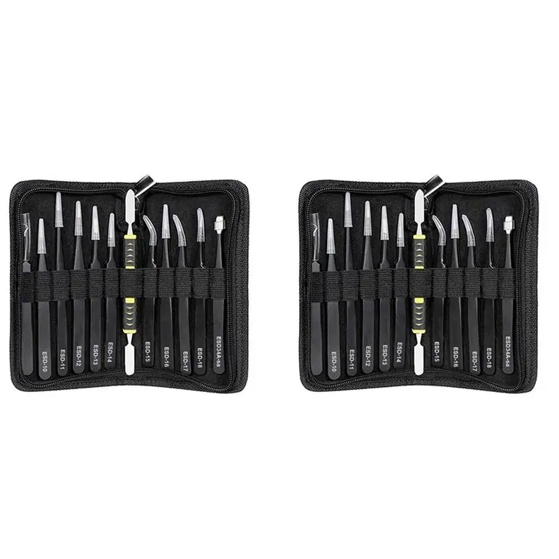 syw-ピンセット-24本-esdピンセットツールキット-帯電防止非磁性ステンレス鋼-マルチスタンダード-収納袋付き