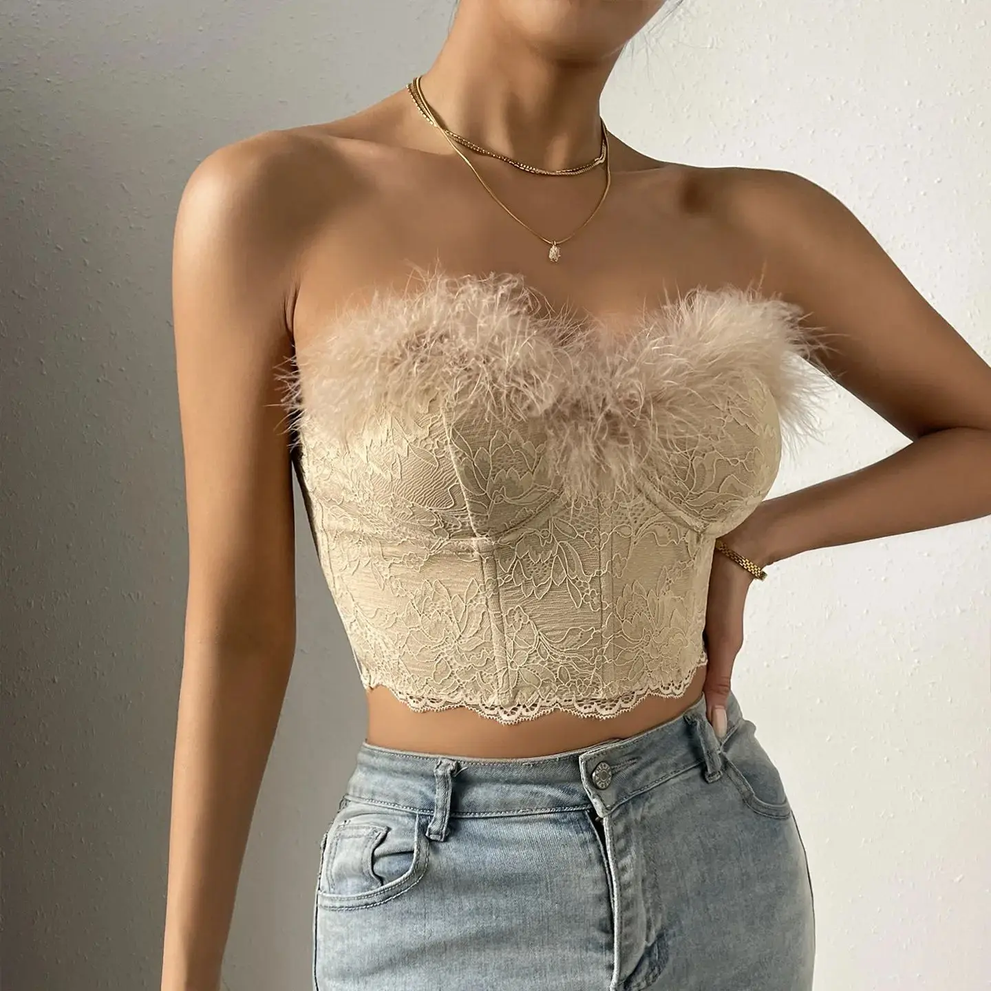 Women Sexy Strapless Bustier Corset Cropped Tank Tops with Feather Summer Female Sleeveless Lace Camisole Slim Lingerie Tube Top