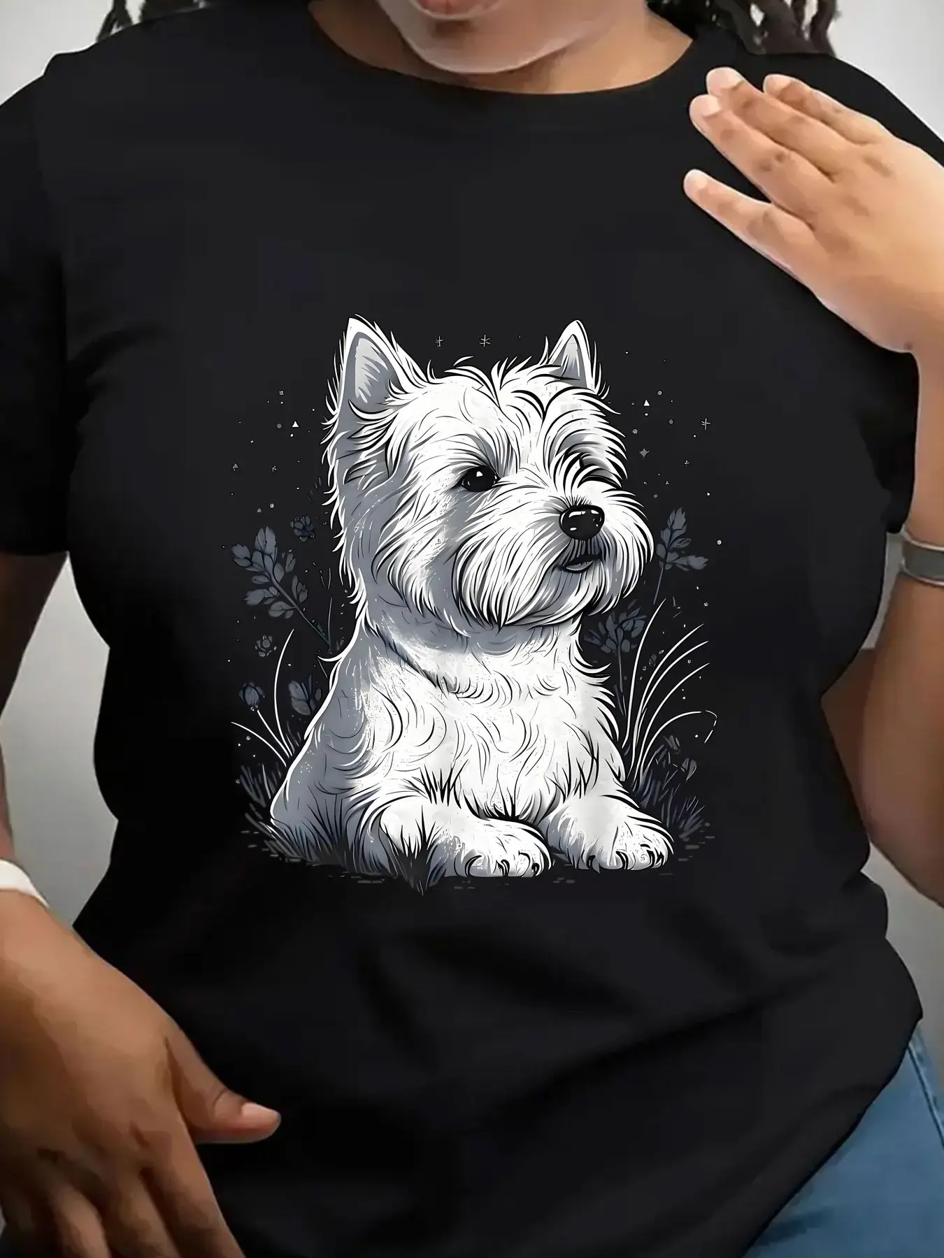 Women's Trendy Crew Neck T-Shirt Cute Westie Dog Floral Sketch Suitable for Casual Sportswear
