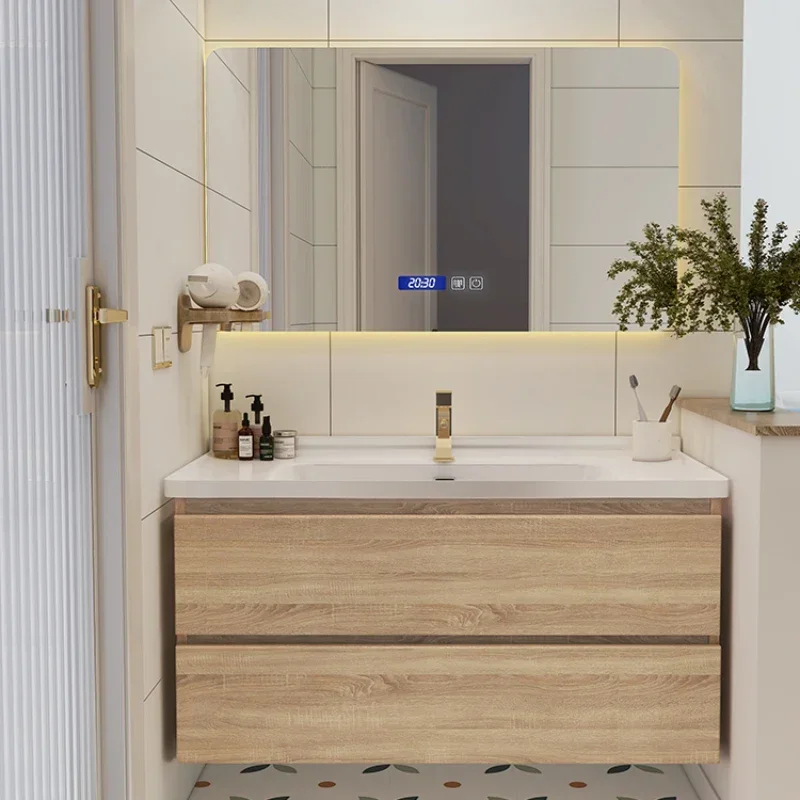 

Solid Wood Bathroom Cabinet Intelligent Bathroom Set Hand Washing Face Washing Ceramic Integrated Basin Combination