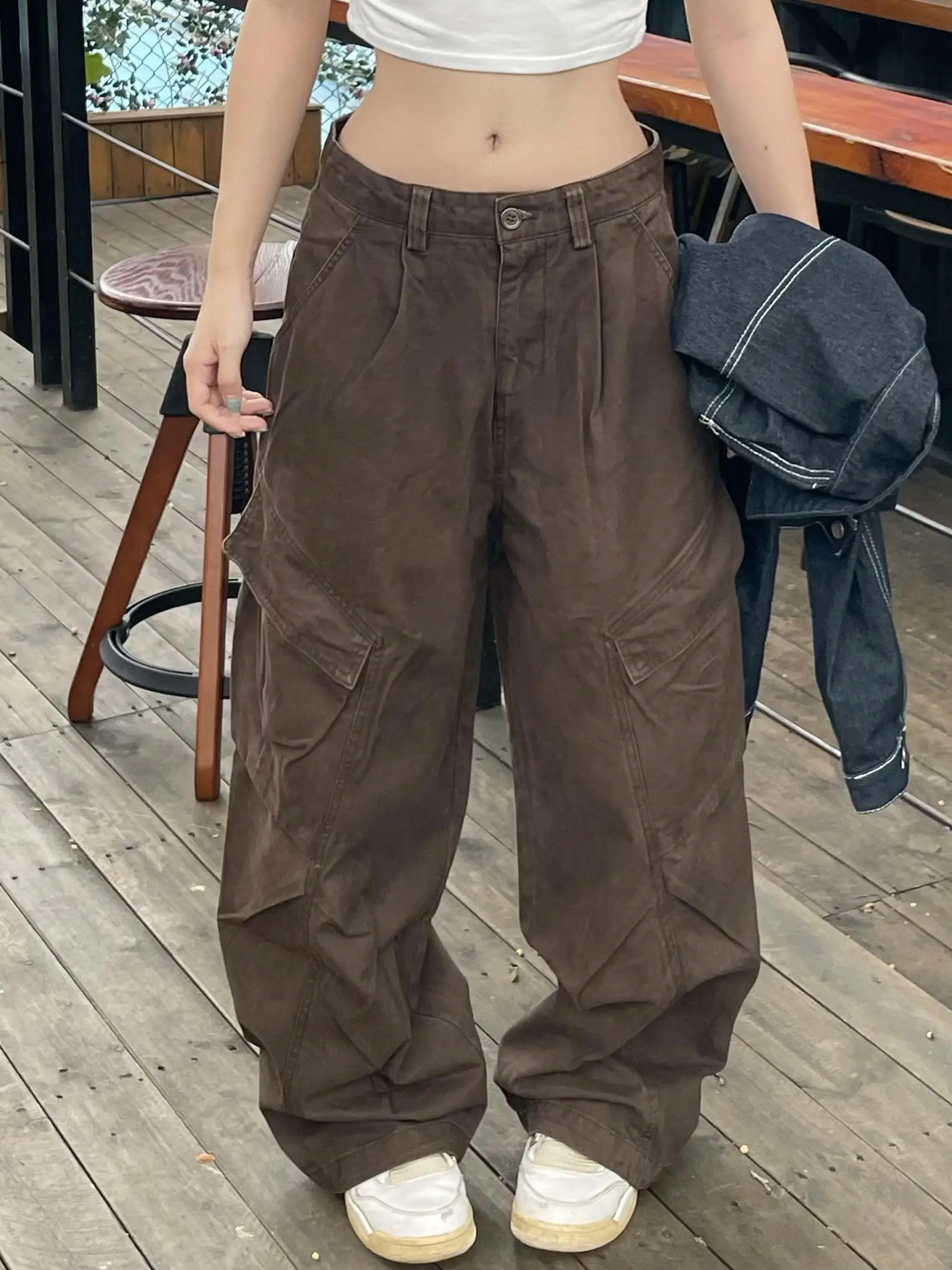 

Trendy American Retro Loose Straight Multi-ket Work Pants Women Wide Leg Hiphop Casual Drapey Floor-Length Long Trousers