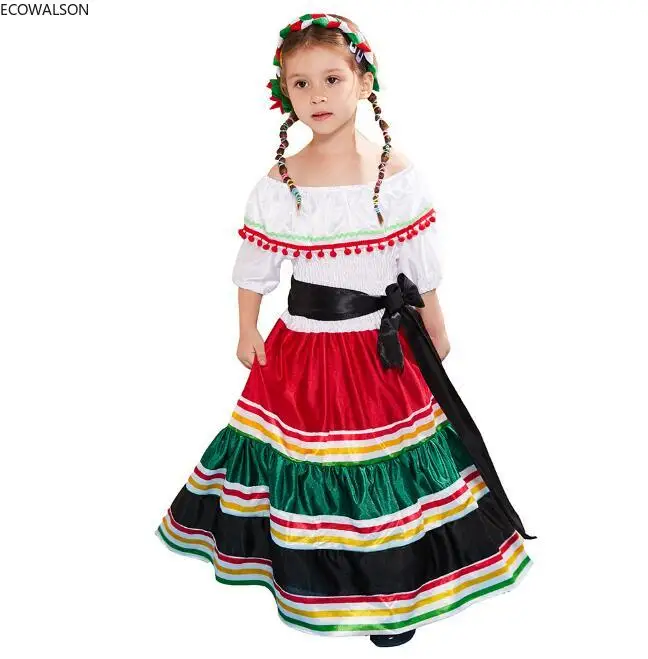 

ecowalson Girls Amazing Jalisco Traditional Guadalajara Mexican Folk Dancer Costume Mexico dress lace kid children