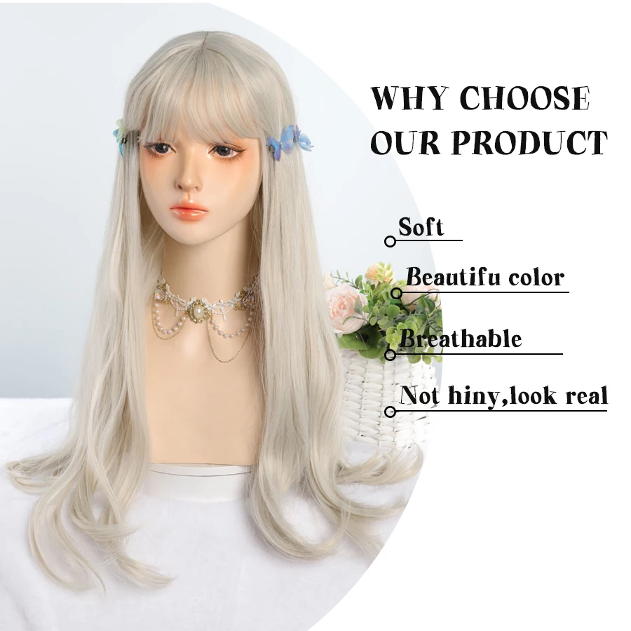 LANLAN Platinum Blonde Long Natural Wavy Synthetic Hair Wigs with Bangs Cosplay Party Halloween Wig for Women Heat Resistant