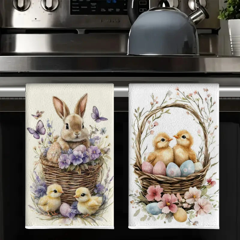 2Pcs, Easter Bunny and Chick Kitchen Towels, 40Cm*60Cm Towel Set, Best Kitchen Towels, Super Absorbent Soft Cleaning Cloth, Cooking and Baking Tea Towels, Hand Towels, Cleaning Cloths, Dishcloths, Kitchen Decorations, Living Room Decorations, Kitchen Essentials, Home Essentials