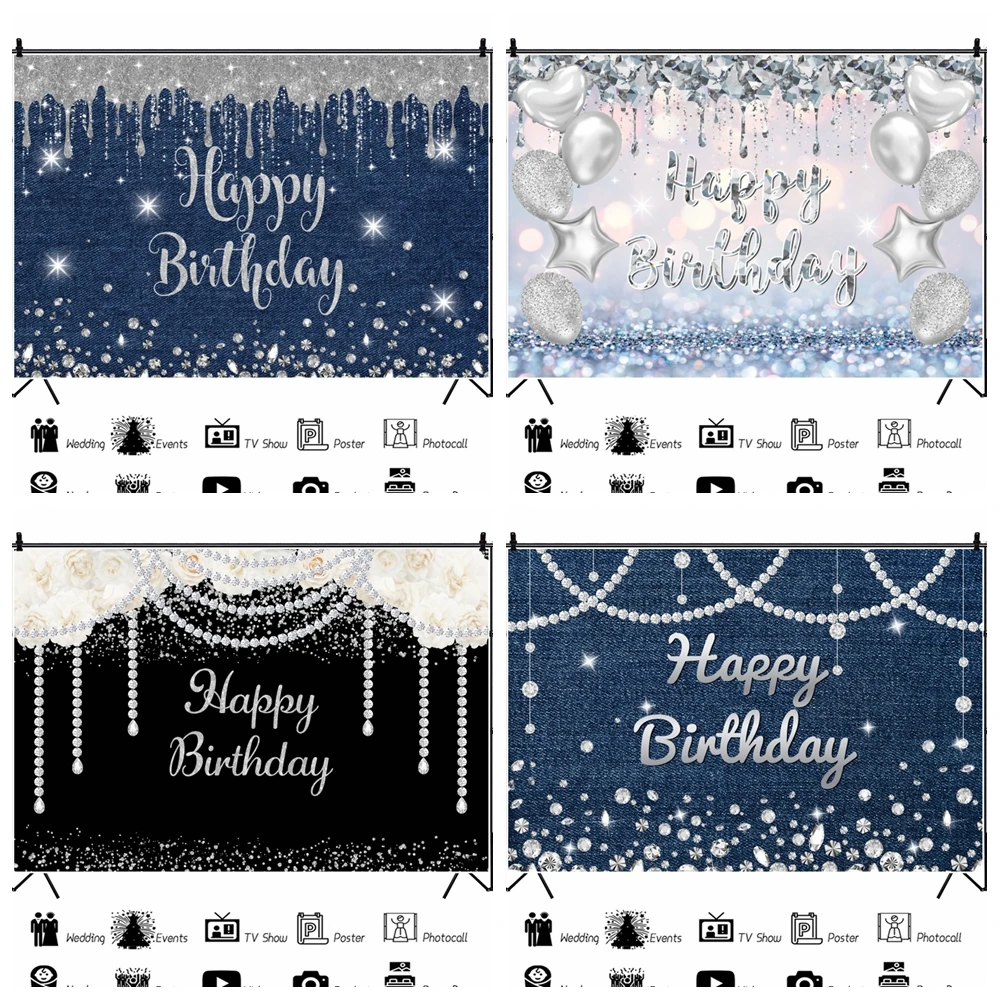 

Glitter Adult Birthday Party Background Silver Diamond Balloon Baby Photography Custom Name Photography Backdrop Photo Studio